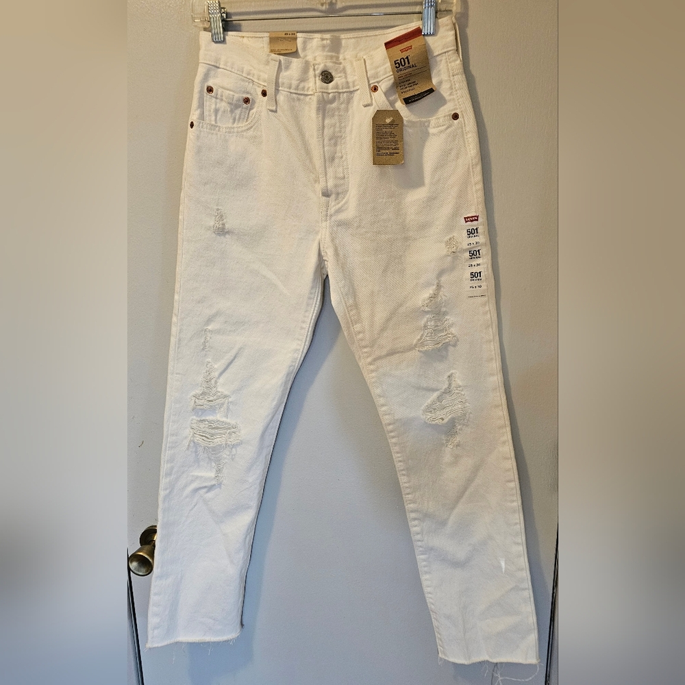 Levis 501 Original Jeans White High Rise Distressed Button Fly Womens 25x30 NWT